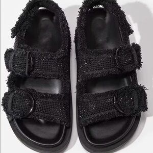 Zara Black Frayed Platform Sandals Rhinestone Buckle Size 40